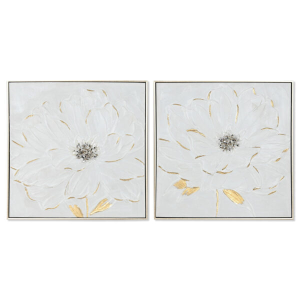 Painting Home ESPRIT White Golden polystyrene Canvas Flower Shabby Chic 62 x 4,5 x 62 cm (2 Units)